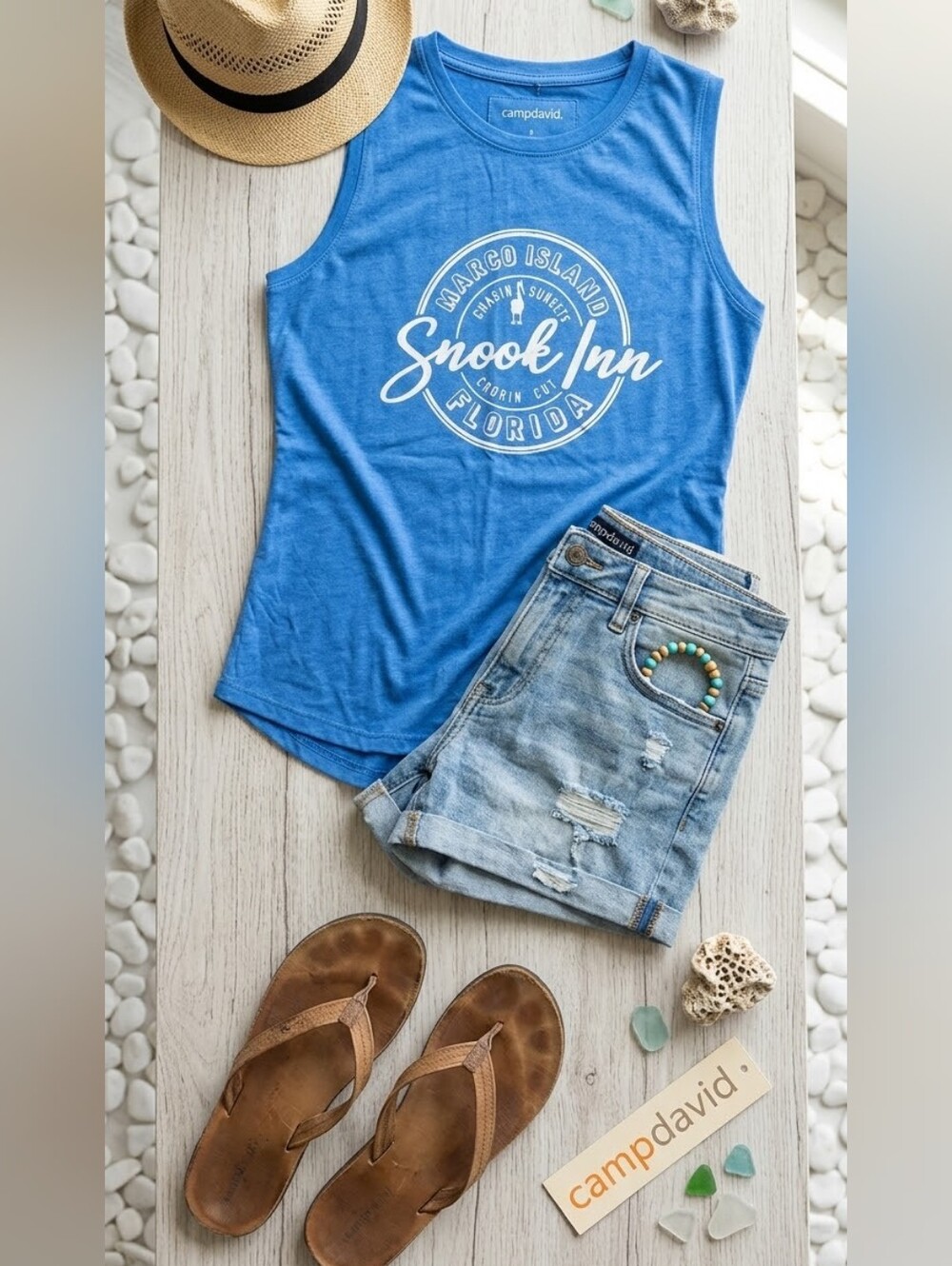 Camp David Women’s Blue Sleeveless Tank Top - Snook Inn Graphic